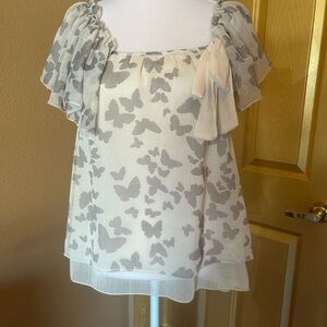a’reve Butterfly Print Ivory Ruffle Sleeve Women's Top-NWT